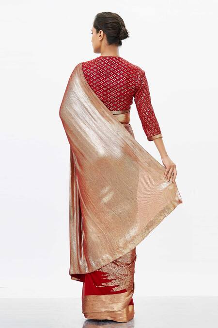 Shop Nakul Sen Red Chiffon Embroidered Saree With Blouse at Aza Fashions Shop_Nakul Sen_Red Chiffon Embroidered Saree With Blouse_at_Aza_Fashions