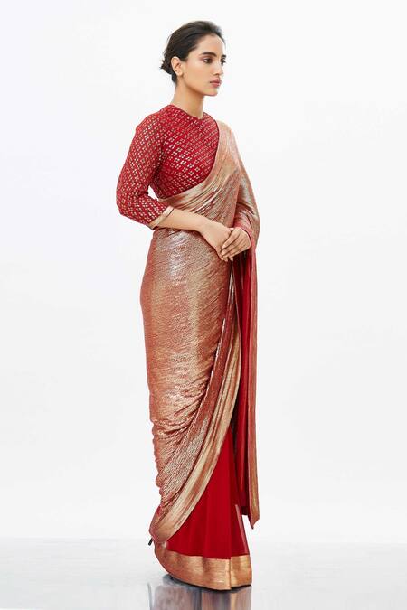 Nakul Sen Red Chiffon Embroidered Saree With Blouse Online at Aza Fashions Nakul Sen_Red Chiffon Embroidered Saree With Blouse_Online_at_Aza_Fashions