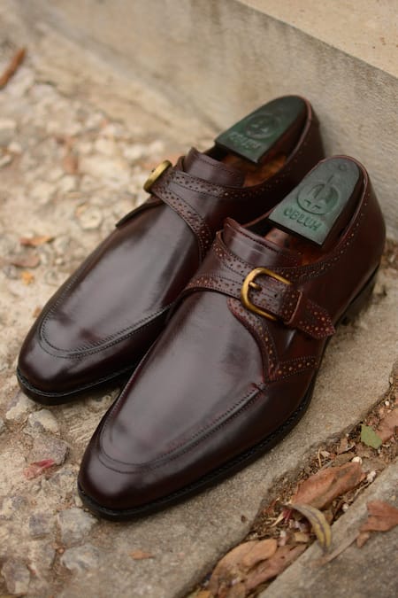 Oblum Brown Handcrafted Single Monk Strap Shoes   2