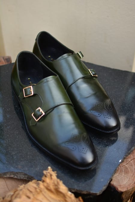 Oblum Green Handcrafted Double Monk Strap Shoes 
