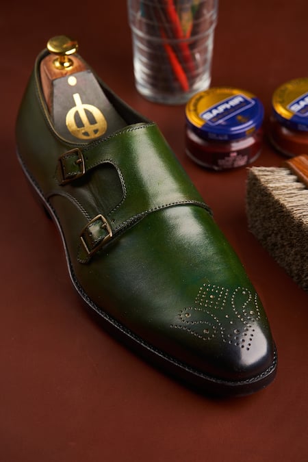 Buy Oblum Green Handcrafted Double Monk Strap Shoes Online at Aza Fashions Buy_Oblum_Green Handcrafted Double Monk Strap Shoes_Online_at_Aza_Fashions