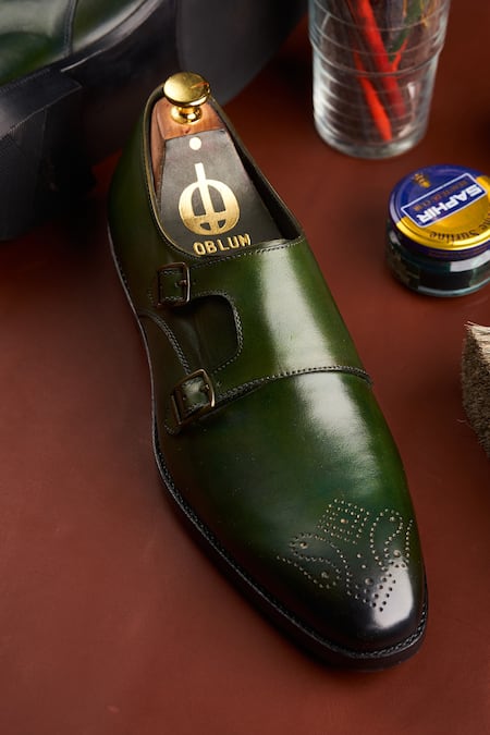 Shop Oblum Green Handcrafted Double Monk Strap Shoes Online at Aza Fashions Shop_Oblum_Green Handcrafted Double Monk Strap Shoes_Online_at_Aza_Fashions