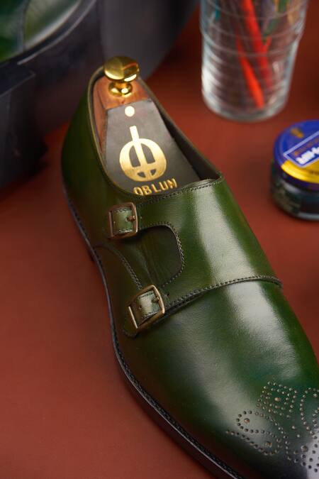 Oblum Green Handcrafted Double Monk Strap Shoes at Aza Fashions Oblum_Green Handcrafted Double Monk Strap Shoes_at_Aza_Fashions