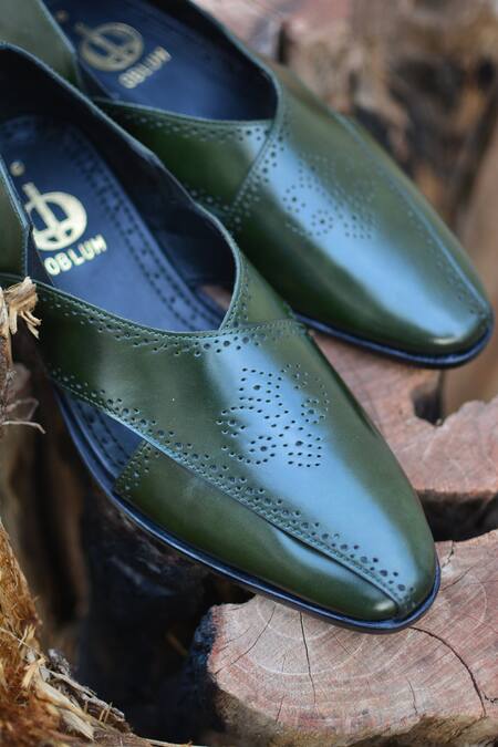 Oblum_Green The Oblum Handcrafted Brogued Peshawaris_Online_at_Aza_Fashions