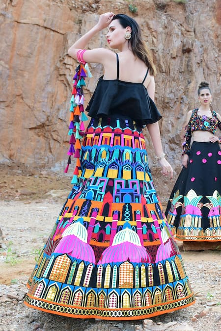 Shop Xoxo Apurva Multi Color Pure Chanderi V Neck Applique Embroidered Lehenga Set at Aza Fashions Shop_Xoxo Apurva_Multi Color Pure Chanderi V Neck Applique Embroidered Lehenga Set _at_Aza_Fashions