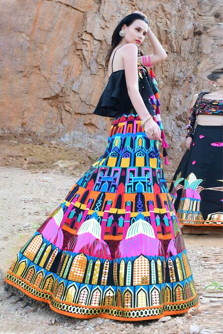 Xoxo Apurva Multi Color Pure Chanderi V Neck Applique Embroidered Lehenga Set Online at Aza Fashions Xoxo Apurva_Multi Color Pure Chanderi V Neck Applique Embroidered Lehenga Set _Online_at_Aza_Fashions