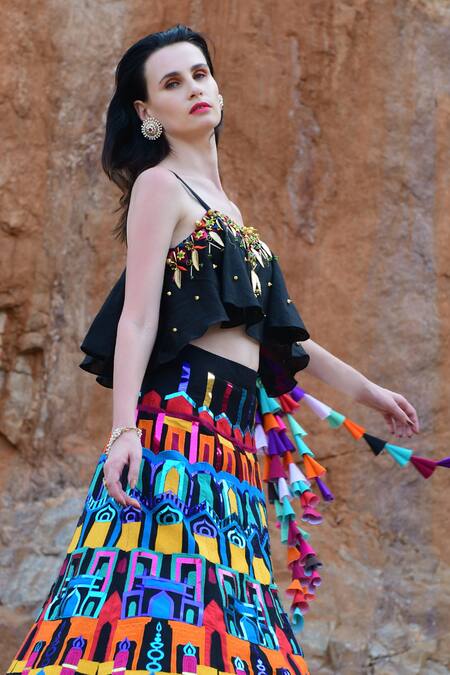 Buy Xoxo Apurva Multi Color Pure Chanderi V Neck Applique Embroidered Lehenga Set Online at Aza Fashions Buy_Xoxo Apurva_Multi Color Pure Chanderi V Neck Applique Embroidered Lehenga Set _Online_at_Aza_Fashions