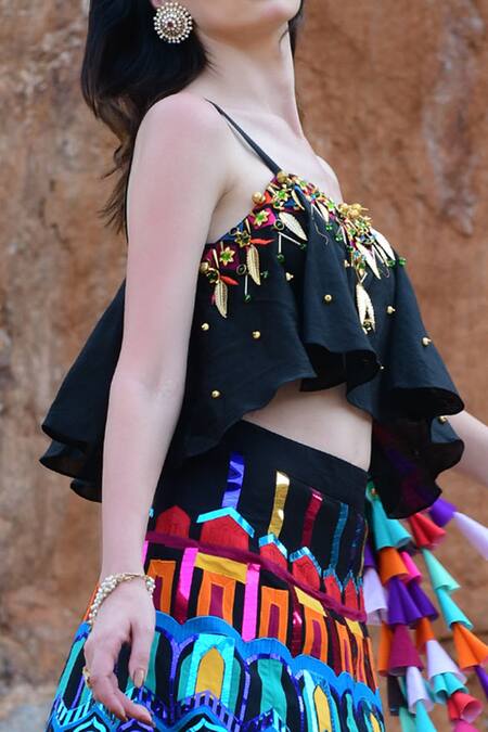 Shop Xoxo Apurva Multi Color Pure Chanderi V Neck Applique Embroidered Lehenga Set Online at Aza Fashions Shop_Xoxo Apurva_Multi Color Pure Chanderi V Neck Applique Embroidered Lehenga Set _Online_at_Aza_Fashions