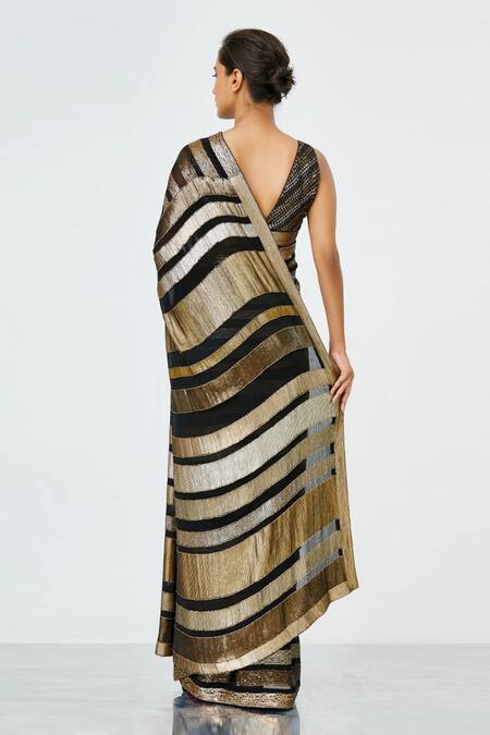 Shop Nakul Sen Black Chiffon Striped Saree With Blouse at Aza Fashions Shop_Nakul Sen_Black Chiffon Striped Saree With Blouse_at_Aza_Fashions