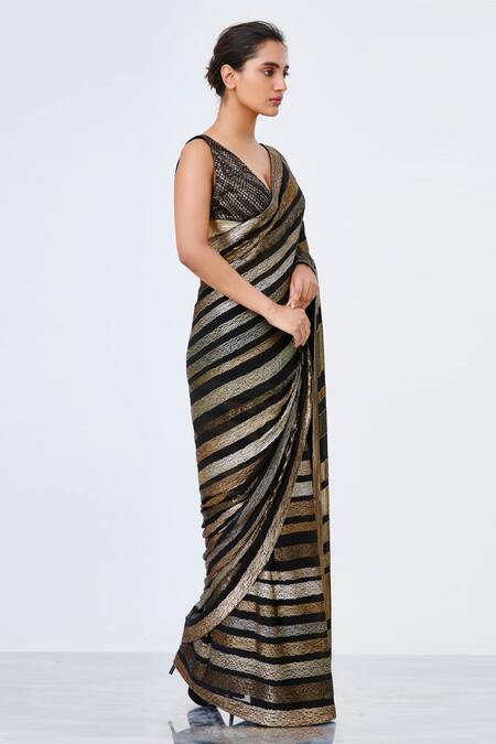 Nakul Sen Black Chiffon Striped Saree With Blouse Online at Aza Fashions Nakul Sen_Black Chiffon Striped Saree With Blouse_Online_at_Aza_Fashions