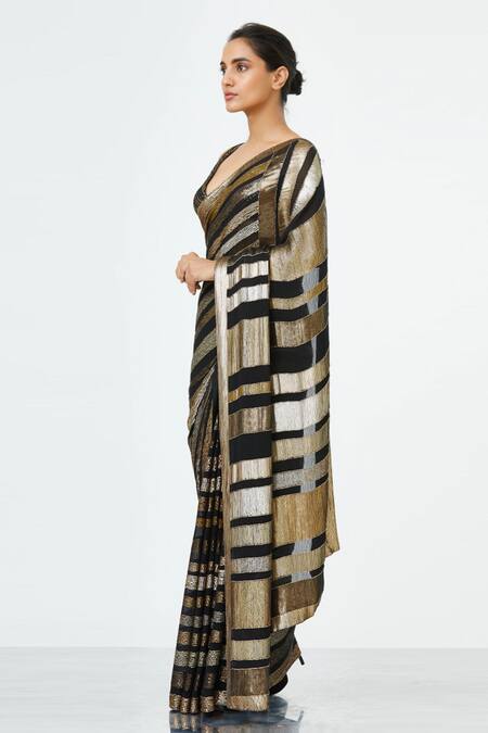 Buy Nakul Sen Black Chiffon Striped Saree With Blouse Online at Aza Fashions Buy_Nakul Sen_Black Chiffon Striped Saree With Blouse_Online_at_Aza_Fashions