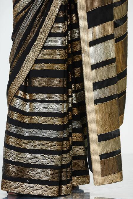 Nakul Sen Black Chiffon Striped Saree With Blouse at Aza Fashions Nakul Sen_Black Chiffon Striped Saree With Blouse_at_Aza_Fashions