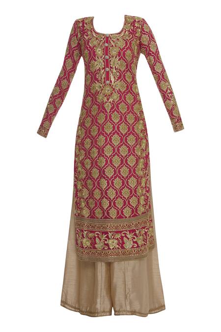 Rimple And Harpreet Narula_Pink Gold Jaal Embroidered Palazzo Kurta Set_Online_at_Aza_Fashions