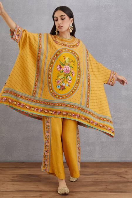 Torani_Yellow Cotton Silk Pants Linen, Handwoven Sunehra Zooni Kaftan And Set _Online_at_Aza_Fashions