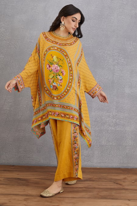 Buy_Torani_Yellow Cotton Silk Pants Linen, Handwoven Sunehra Zooni Kaftan And Set _Online_at_Aza_Fashions
