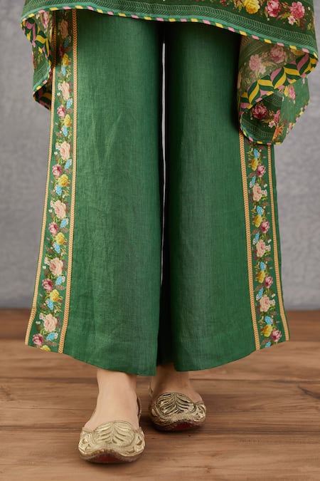 Shop_Torani_Green Cotton Silk Pants Linen, Handwoven Chanderi, Panna Zooni Kaftan And Set _Online_at_Aza_Fashions