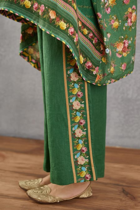 Torani_Green Cotton Silk Pants Linen, Handwoven Chanderi, Panna Zooni Kaftan And Set _at_Aza_Fashions
