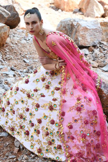 Xoxo Apurva_Pink Raw Silk, Tulle V Neck 3d Embroidered Lehenga Set _Online_at_Aza_Fashions