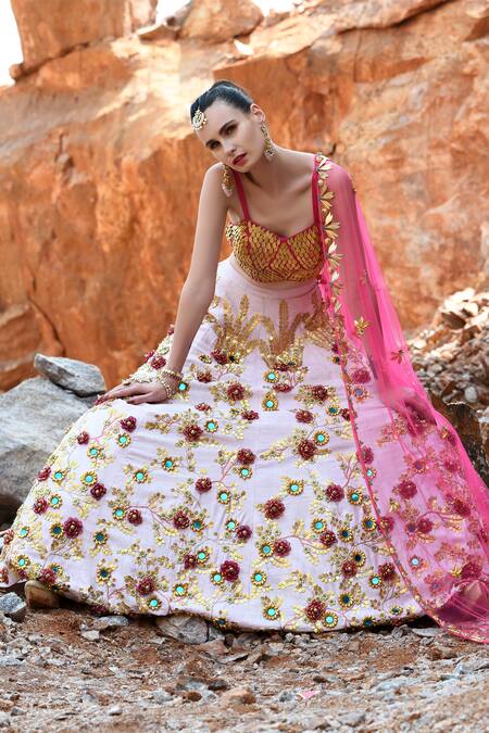 Buy Xoxo Apurva Pink Raw Silk, Tulle V Neck 3d Embroidered Lehenga Set Online at Aza Fashions Buy_Xoxo Apurva_Pink Raw Silk, Tulle V Neck 3d Embroidered Lehenga Set _Online_at_Aza_Fashions