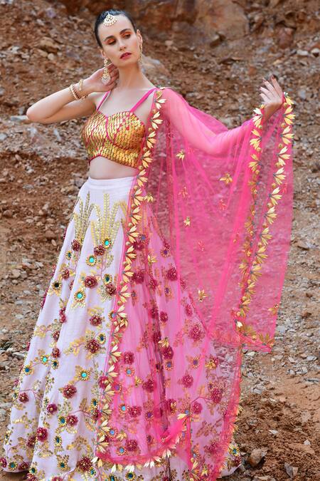 Shop_Xoxo Apurva_Pink Raw Silk, Tulle V Neck 3d Embroidered Lehenga Set _Online_at_Aza_Fashions