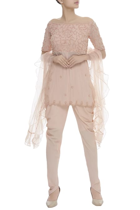 Arpan Vohra Peach Cutdana, Pearl And Sequin Work One Shoulder Floral Embroidered Kurta Set 