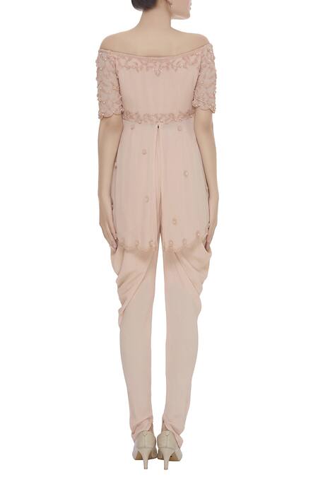 Shop Arpan Vohra Peach Cutdana, Pearl And Sequin Work One Shoulder Floral Embroidered Kurta Set at Aza Fashions Shop_Arpan Vohra_Peach Cutdana, Pearl And Sequin Work One Shoulder Floral Embroidered Kurta Set _at_Aza_Fashions