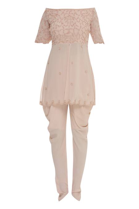 Arpan Vohra Peach Cutdana, Pearl And Sequin Work One Shoulder Floral Embroidered Kurta Set Online at Aza Fashions Arpan Vohra_Peach Cutdana, Pearl And Sequin Work One Shoulder Floral Embroidered Kurta Set _Online_at_Aza_Fashions