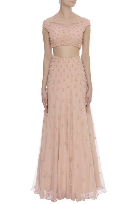 Arpan Vohra Peach Sequin Work One Shoulder Floral Butti Embroidered Lehenga Set Online at Aza Fashions Arpan Vohra_Peach Sequin Work One Shoulder Floral Butti Embroidered Lehenga Set _Online_at_Aza_Fashions
