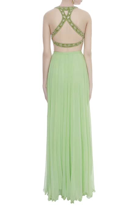 Shop Arpan Vohra Green Sequin Work Leaf Neck Embellished Halter Blouse With Lehenga And Dupatta at Aza Fashions Shop_Arpan Vohra_Green Sequin Work Leaf Neck Embellished Halter Blouse With Lehenga And Dupatta _at_Aza_Fashions