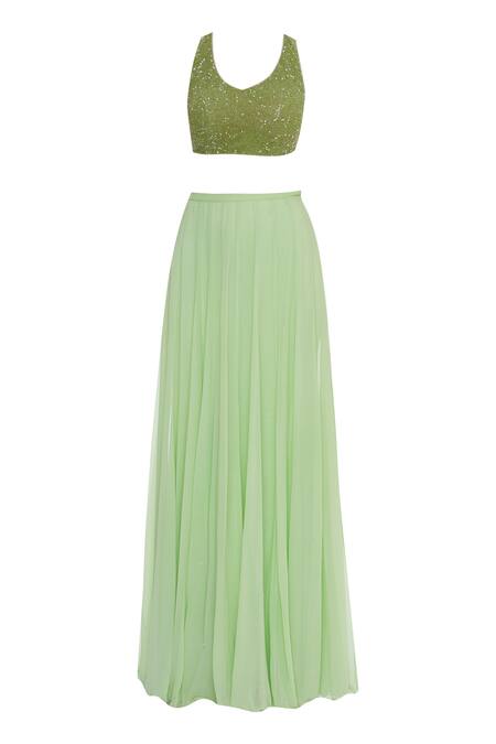 Arpan Vohra Green Sequin Work Leaf Neck Embellished Halter Blouse With Lehenga And Dupatta Online at Aza Fashions Arpan Vohra_Green Sequin Work Leaf Neck Embellished Halter Blouse With Lehenga And Dupatta _Online_at_Aza_Fashions