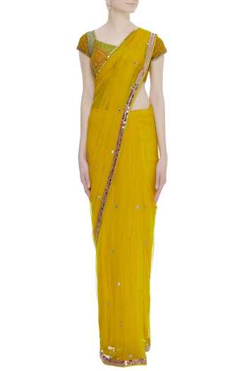 Arpan Vohra_Yellow Sequin, Mirror And Pearl Work Round Border Saree With Blouse_Online_at_Aza_Fashions