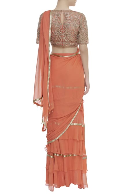 Shop_Rabani & Rakha_Orange Georgette Embroidered Foil Boat Frill Lehenga Saree  _at_Aza_Fashions