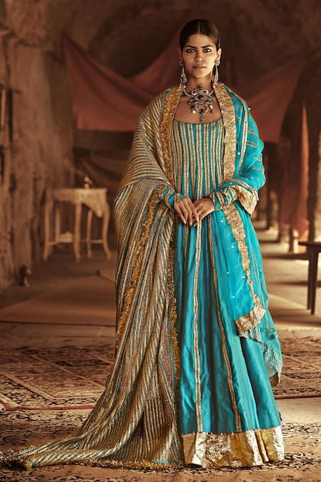 Itrh Blue Silk Chanderi Anarkali With Striped Dupattas  