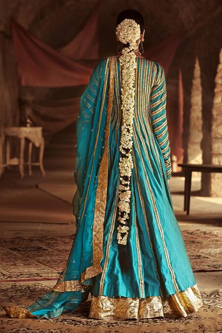 Shop_Itrh_Blue Silk Chanderi Anarkali With Striped Dupattas_at_Aza_Fashions