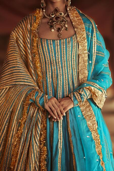 Itrh_Blue Silk Chanderi Anarkali With Striped Dupattas_Online_at_Aza_Fashions