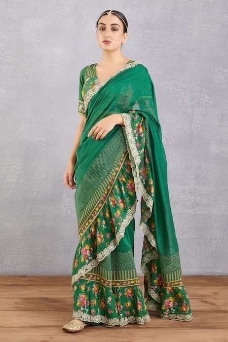 Torani_Green Cotton Silk, Handwoven Chanderi V Neck Panna Blouse _Online_at_Aza_Fashions