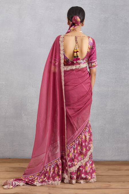 Shop_Torani_Red Thin Chanderi Manika Heba Ruffle Saree  _at_Aza_Fashions