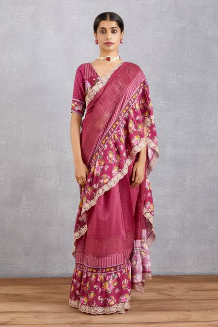 Torani_Red Thin Chanderi Manika Heba Ruffle Saree  _Online_at_Aza_Fashions