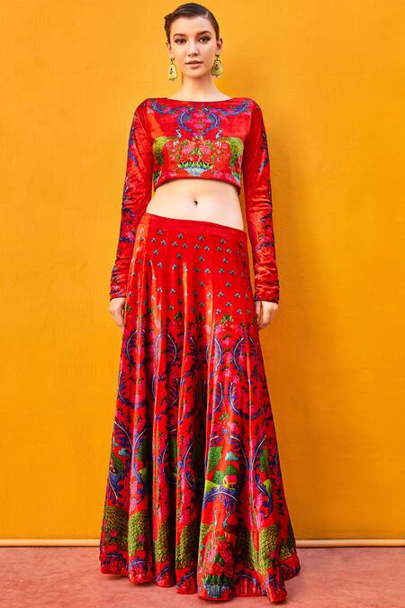 Shop Nautanky Red Printed Silk Velvet Lehenga Set Online at Aza Fashions Shop_Nautanky_Red Printed Silk Velvet Lehenga Set_Online_at_Aza_Fashions