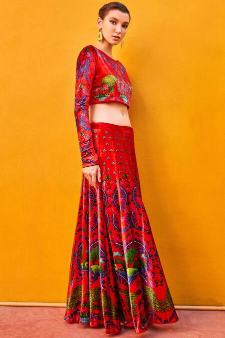 Nautanky Red Printed Silk Velvet Lehenga Set Online at Aza Fashions Nautanky_Red Printed Silk Velvet Lehenga Set_Online_at_Aza_Fashions