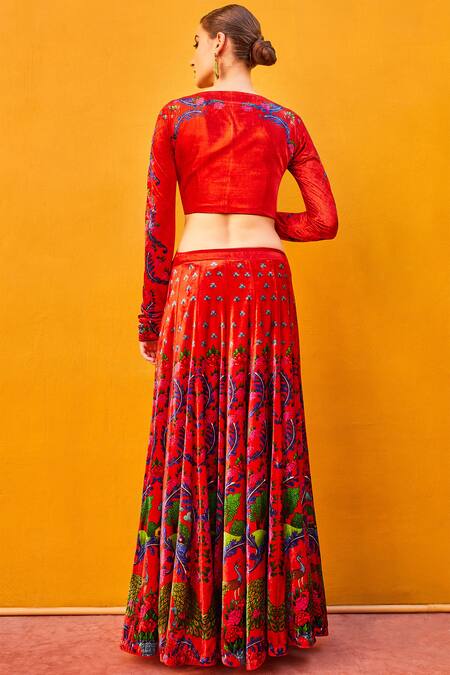 Shop Nautanky Red Printed Silk Velvet Lehenga Set at Aza Fashions Shop_Nautanky_Red Printed Silk Velvet Lehenga Set_at_Aza_Fashions