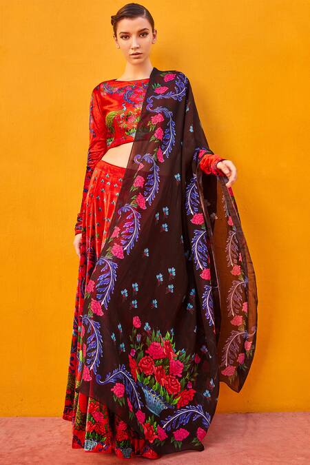 Buy Nautanky Red Printed Silk Velvet Lehenga Set Online at Aza Fashions Buy_Nautanky_Red Printed Silk Velvet Lehenga Set_Online_at_Aza_Fashions