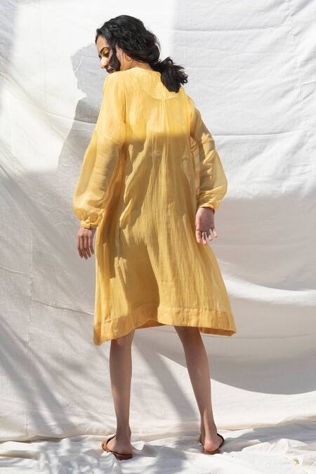 Shop Dhaari Yellow 50 % Cotton, 50% Silk Hand Embroidered Dress With Inner at Aza Fashions Shop_Dhaari_Yellow 50 % Cotton, 50% Silk Hand Embroidered Dress With Inner _at_Aza_Fashions