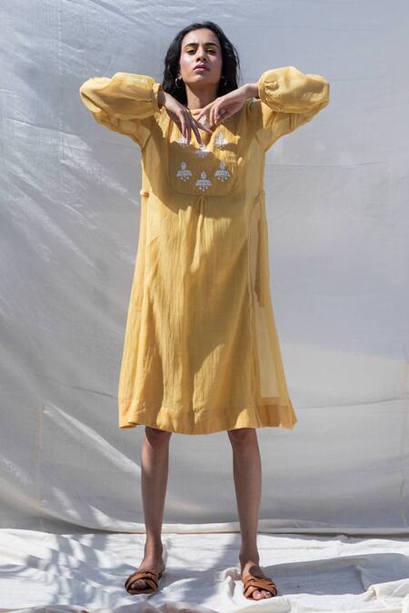 Dhaari Yellow 50 % Cotton, 50% Silk Hand Embroidered Dress With Inner Online at Aza Fashions Dhaari_Yellow 50 % Cotton, 50% Silk Hand Embroidered Dress With Inner _Online_at_Aza_Fashions