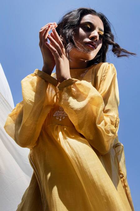 Buy Dhaari Yellow 50 % Cotton, 50% Silk Hand Embroidered Dress With Inner Online at Aza Fashions Buy_Dhaari_Yellow 50 % Cotton, 50% Silk Hand Embroidered Dress With Inner _Online_at_Aza_Fashions