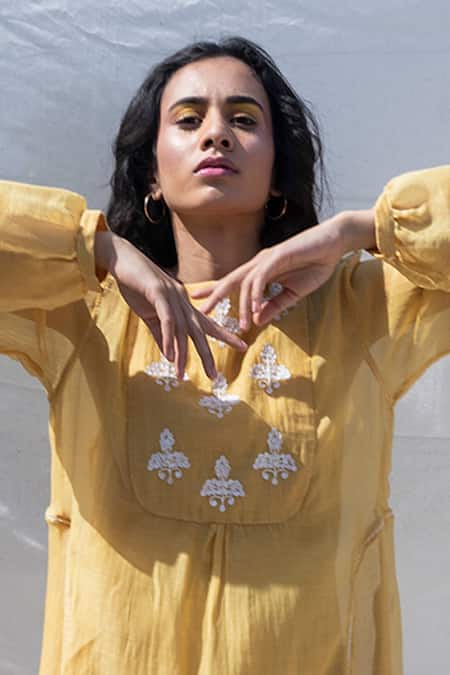 Shop Dhaari Yellow 50 % Cotton, 50% Silk Hand Embroidered Dress With Inner Online at Aza Fashions Shop_Dhaari_Yellow 50 % Cotton, 50% Silk Hand Embroidered Dress With Inner _Online_at_Aza_Fashions