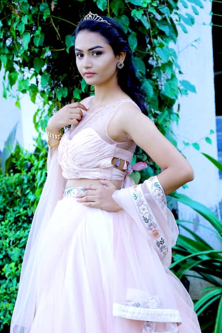 Buy_House Of Mithi Kalra_Pink Tulle Embroidery Round Neck Floral Baby Lehenga Set _Online_at_Aza_Fashions