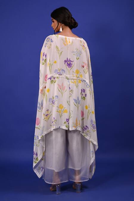 Shop_Rimi Nayak_White Modal, Crepe Embroidery Boat Neck Floral Printed Cape Style Tunic _Online_at_Aza_Fashions