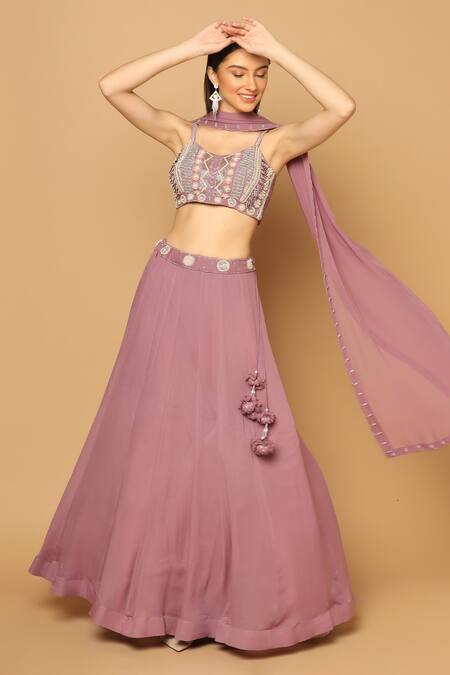 Buy_Two Sisters By Gyans_Purple Georgette Beads, Crystals, Embroidery Scoop Waistband Panelled Skirt Set 