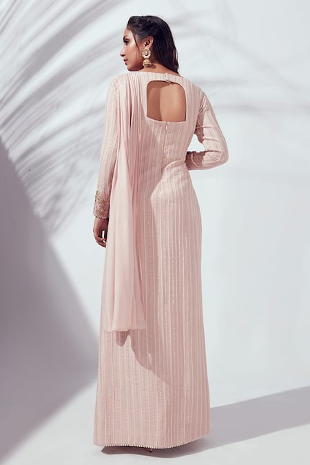 Shop_Suruchi Parakh_Pink Crepe And Georgette Crepe Lining Shantoon Jacket & Pre-draped Saree Set _at_Aza_Fashions